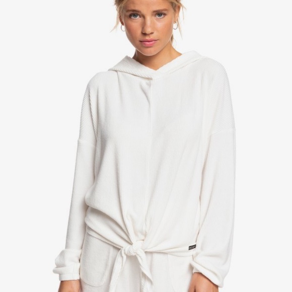 Roxy Staying In Cozy Rib Knit Hoodie for Women, Off white - Picture 1 of 9